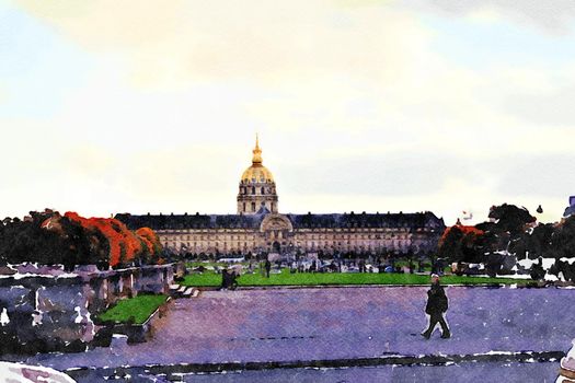 Watercolor that represents a glimpse of one of the historic buildings in the gardens of Paris in the autumn