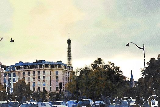 Watercolor representing a glimpse of the Eiffel Tower from a square in Paris in autumn