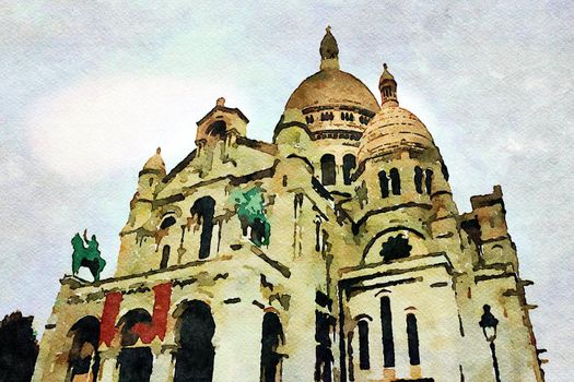 Watercolor representing a glimpse of the church of the Sacre Coeur in the Montmartre district of Paris in the autumn