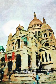 Watercolor representing a glimpse of the church of the Sacre Coeur in the Montmartre district of Paris in the autumn