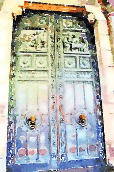 Watercolor which represents one of the entrance doors of the church of the Sacre Couer in the Montmartre district of Paris in the autumn