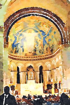 Watercolor representing one of the interiors of the church of the Sacre Couer in the Montmartre district of Paris in the autumn