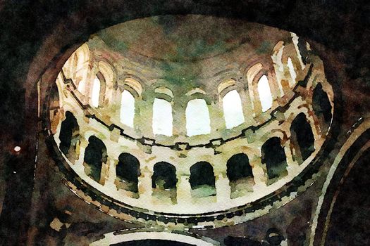 Watercolor representing the interior of one of the vaults of the church of the Sacre Couer in the Montmartre district of Paris in the autumn