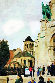 Watercolor that represents a glimpse of the entrance square of the church of the Sacre Couer in the Montmartre district in Paris in the autumn