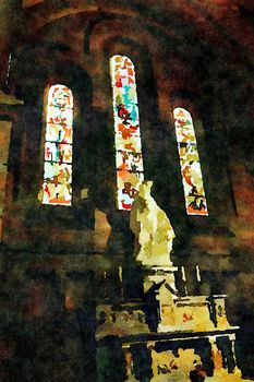 Watercolor representing one of the altars of the church of the Sacre Couer in the Montmartre district of Paris in the autumn