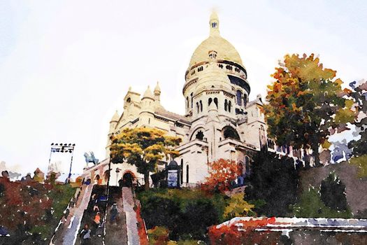 watercolor of the Sacr Coeur church in Paris on an autumn day