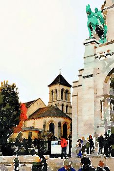 Watercolor that represents a glimpse of the entrance square of the church of the Sacre Couer in the Montmartre district in Paris in the autumn