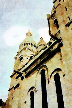 Watercolor representing a glimpse of the church of the Sacre Coeur in the Montmartre district of Paris in the autumn