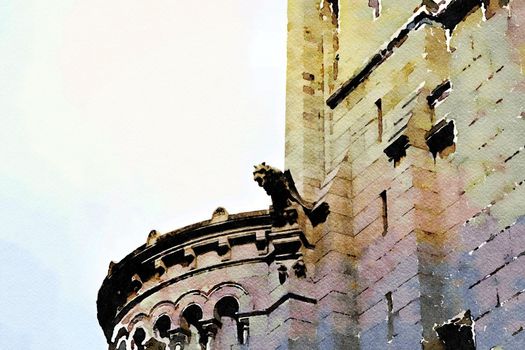 Watercolor representing a glimpse of the church of the Sacre Coeur in the Montmartre district of Paris in the autumn