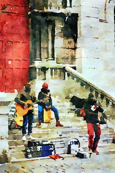 Watercolor representing musicians playing on the side of the Sacre Couer church in the Montmartre district in Paris in the autumn