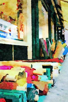 Watercolor representing colored fabrics and clothes for sale in the Montmartre district of Paris in the autumn