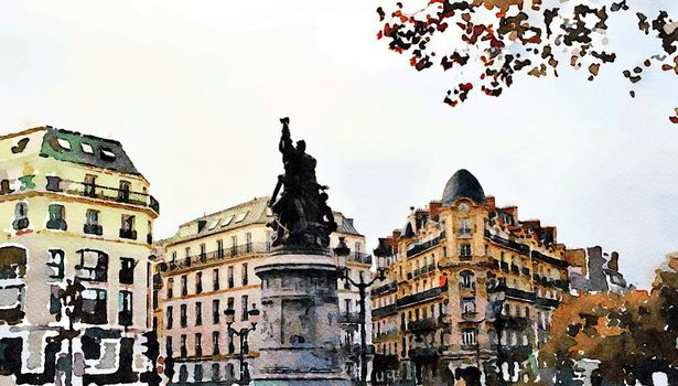 watercolor representing one of the squares in the center of Paris