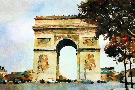 Watercolor representing the Arc de Triomphe in Paris in autumn