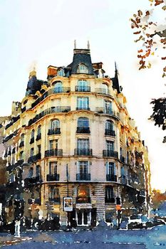 Watercolor representing a historic building at a crossroads in central Paris in the autumn