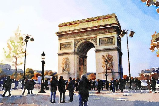 watercolor of the arc de triomphe in Paris on an autumn day