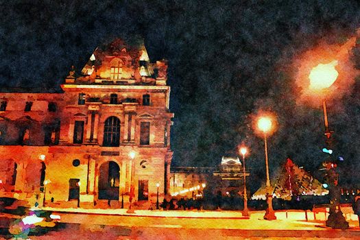 Watercolor representing a glimpse of the area of the Louvre museum in Paris on an autumn night