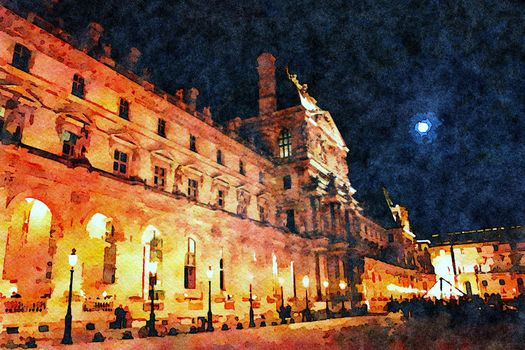 Watercolor representing a glimpse of the area of the Louvre museum in Paris on an autumn night