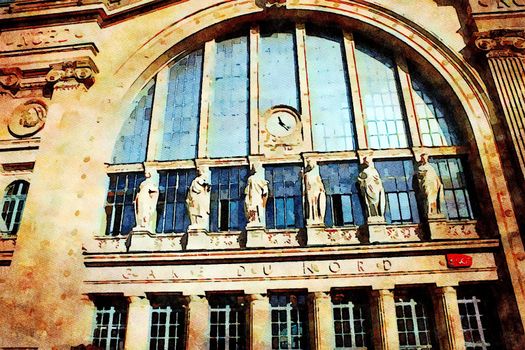 Watercolor representing the main facade of one of the stations of Paris in the autumn