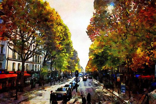 Watercolor which is one of the main streets of central Paris in the autumn