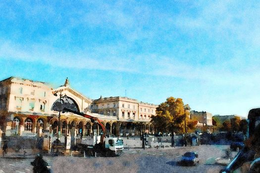Watercolor representing the main facade of one of the stations of Paris in the autumn