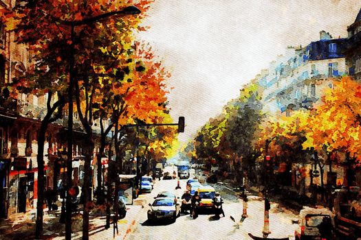 Watercolor which is one of the main streets of central Paris in the autumn