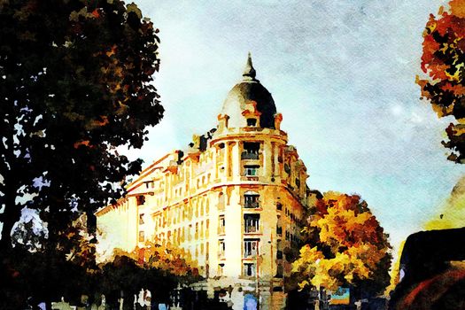 Watercolor representing a historic building at a crossroads in central Paris in the autumn