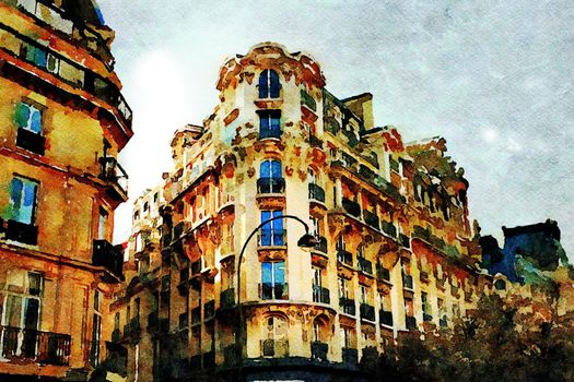 Watercolor representing a historic building at a crossroads in central Paris in the autumn