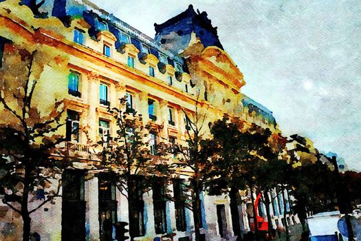 Watercolor representing a historic building at a crossroads in central Paris in the autumn