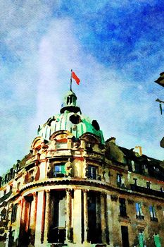 Watercolor representing a historic building at a crossroads in central Paris in the autumn