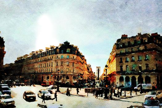 Watercolor representing one of the squares in central Paris in the autumn