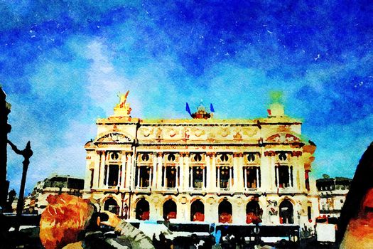 Watercolor representing a historic building overlooking one of the squares in central Paris in the autumn