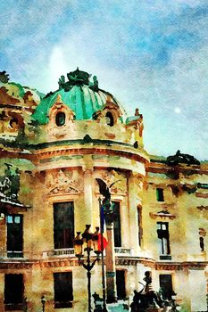 Watercolor representing a historic building overlooking one of the squares in central Paris in the autumn