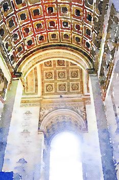 watercolor of the ceiling of the arc de triomphe in Paris on an autumn day