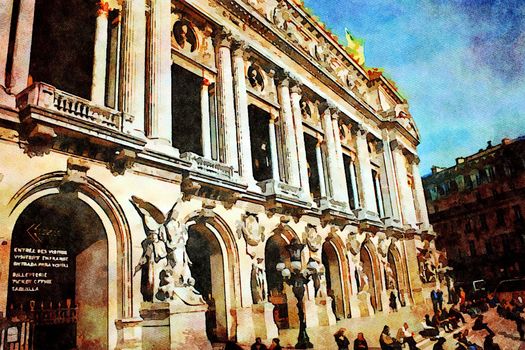 Watercolor representing a historic building overlooking one of the squares in central Paris in the autumn