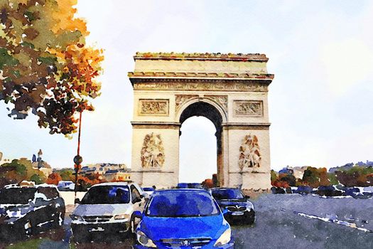 watercolor of the arc de triomphe in Paris on an autumn day