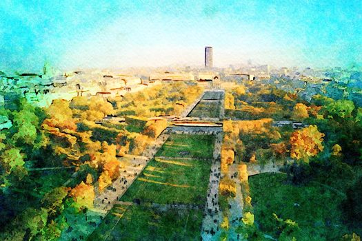 watercolor of the panorama of a part of the city of Paris seen from the Eiffel Tower on an autumn day