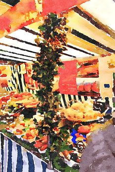 watercolor representing a scene from the open-air food market in Paris