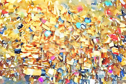 watercolor representing the many padlocks on one of the bridges of Paris
