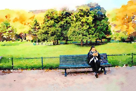 watercolor representing a tourist looking at the map of the city in the gardens in the center of Paris