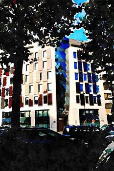 watercolor representing the facade of a modern building in the center of Paris