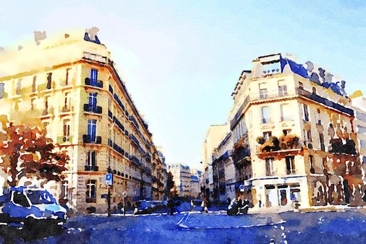 watercolor representing one of the squares in the center of Paris