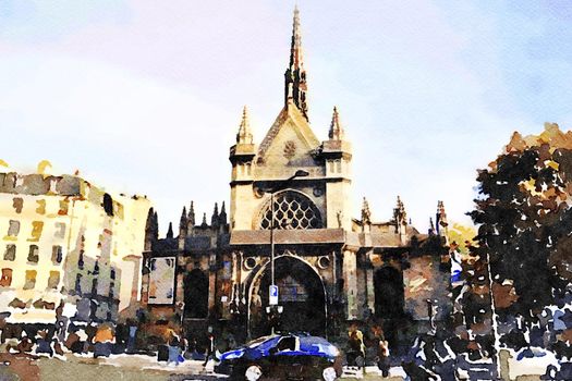 watercolor representing one of the small Gothic churches in the center of Paris