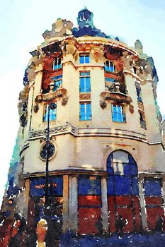 watercolor representing the facade of a historic building in the center of Paris