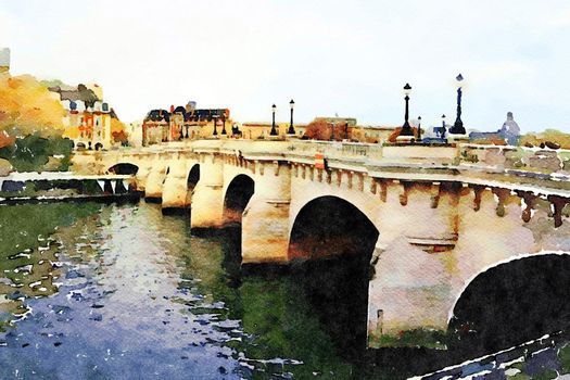 watercolor representing a glimpse of Pont Neuf in Paris
