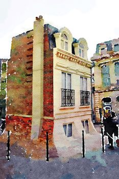 aquarello representing a small historic building in miniature in the center of Paris