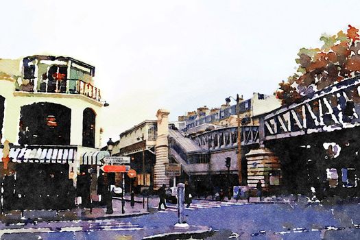 watercolor representing one of the squares in the center of Paris