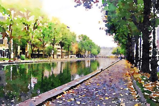 watercolor representing the walk on the Seine canals in Paris in the autumn