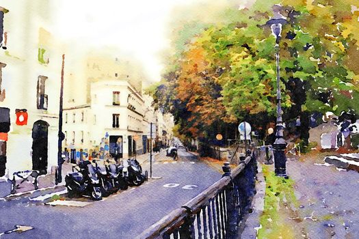 watercolor representing the walk on the Seine canals in Paris in the autumn