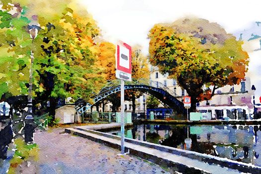 watercolor representing the walk on the Seine canals in Paris in the autumn