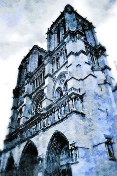 watercolors of the church of Notre Dame in Paris